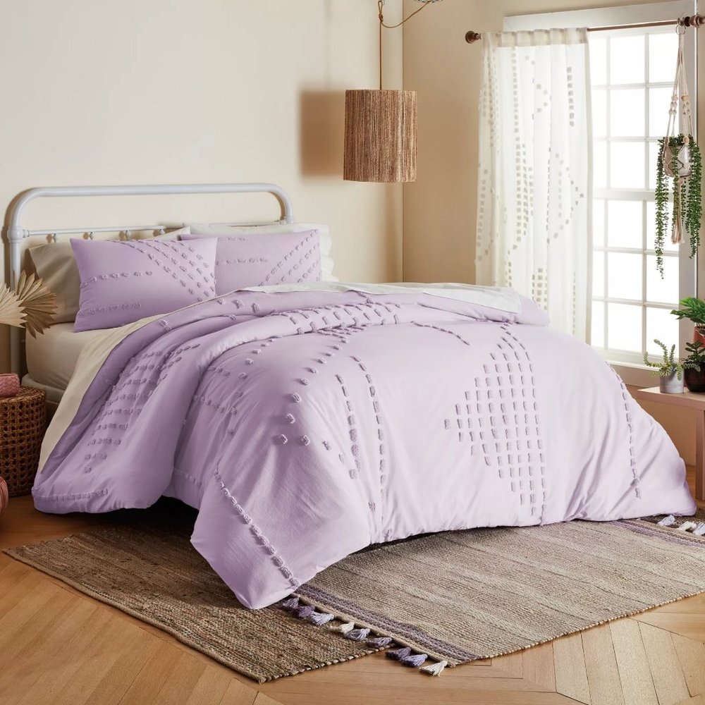 new 3-pc KING Wild Sage Michaela Tufted Triangles Duvet Cover Set IRIS LAVENDER